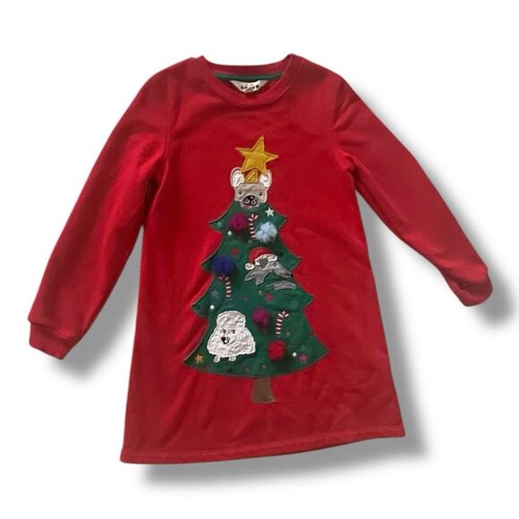 Mini Boden | EUC Brilliant Red Christmas Tree Cosy Appliqué Sweatshirt Dress 7 8 - Picture 1 of 6
